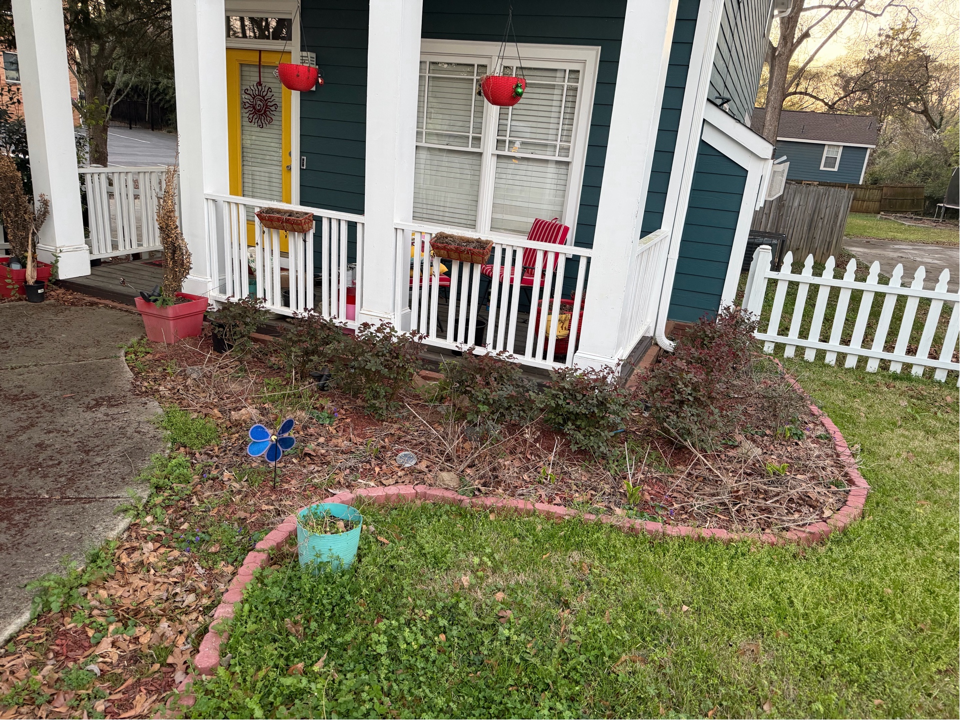 Overgrown messy front porch garden bed